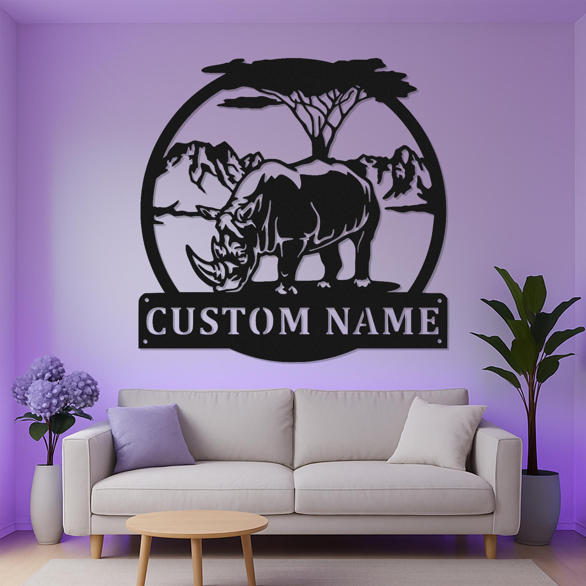 Custom African Rhinoceros Safari Led Light Metal Wall Art, Realistic Wildlife Silhouette Decor, Unique Gift for Animal Lovers