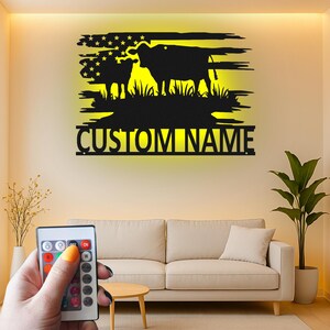 Custom Cow and Calf Silhouette Led Light Metal Wall Art, Rustic Farmhouse Decor, Personalized Ranch Gift, American Flag Design