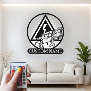 Custom Electrician High Voltage Power Lines Led Light Metal Wall Art, Personalized Lineman Gift, Industrial Decor