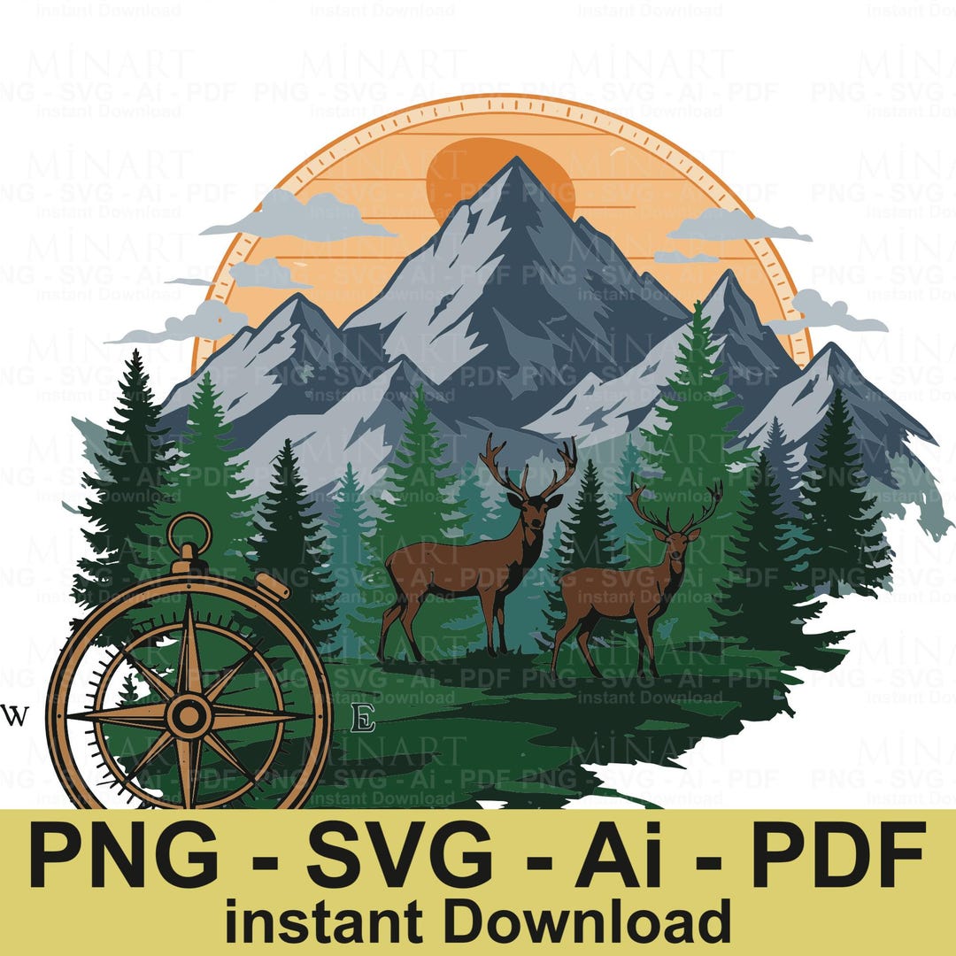 Compus With Deer Deer Family Compass Mountain Scene SVG PNG, Wildlife Adventure (digital ...