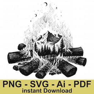 山の焚き火 SVG | 寒い夏の夜 SVG | キャンプファイヤー スモア マシュマロ ハイキング テント トレッキング | カットファイル クリップアート ベクター デジタル SVG PNG Ai