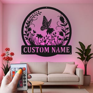 Custom Monarch Butterfly and Wildflower Garden Led Light Metal Wall Art, Personalized Floral Decor for Garden Lovers