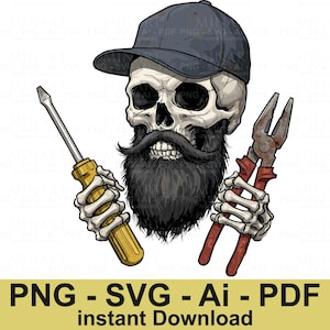 Skull Mechanic Svg Png , Skull Svg , Wrenches Svg , Tools Svg , Repair Svg , Bearded Skull Svg , Digital Download , Instant Download