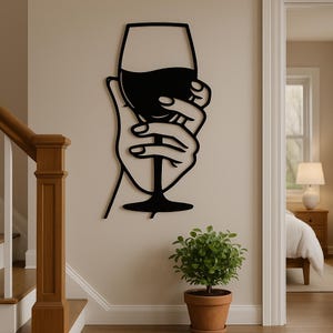 Wine Glass Metal Wall Art for Kitchen or Bar, Minimalist Modern Black Wine Decor for Dining Room or Living Room, Wine Lover Gift Idea