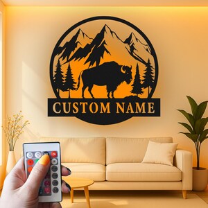 Custom American Bison Led Light Metal Wall Art, Rustic Mountain Buffalo Silhouette, Personalized Cabin Decor Gift