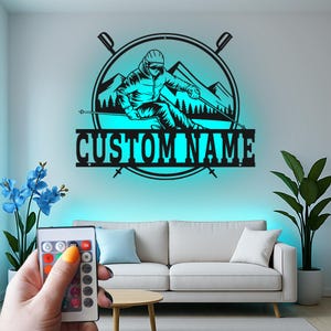 Custom Alpine Skier Led Light Metal Wall Art, Personalized Mountain Skiing Decor, Unique Gift for Ski Lovers, Cabin Wall Decoration