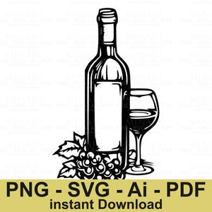 Wine Bottle and Glass Svg, Grapes Sketch Digital Download, Winery Vector Clipart, Wine Lover Cricut Cut File