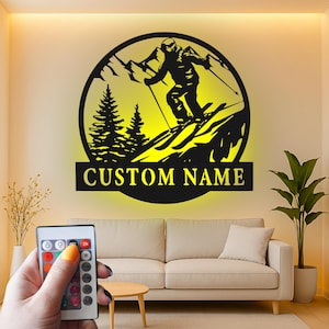 Custom Downhill Skier Led Light Metal Wall Art, Personalized Skiing Decor, Mountain Sports Gift for Ski Enthusiast, Cabin Decor