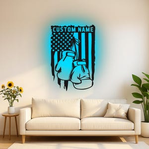 Custom Boxing Gloves American Flag Led Light Metal Wall Art, Personalized Boxer Gift, Gym Decor, Patriotic Sports Wall Hanging