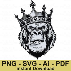 King Gorilla Svg, Bold Gorilla King Svg Png, Black and White Crowned Gorilla , Streetwear Tattoo Art, Digital Download for Apparel & Print