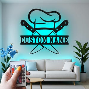 Custom Chef Hat with Crossed Knives Led Light Metal Wall Art, Personalized Kitchen Decor, Culinary Gift for Chef or Cook