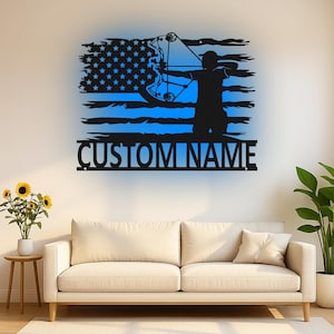 Custom Archery Led Light Metal Wall Art, Personalized Bow Hunter American Flag Decor, Hunting Gift for Hunter