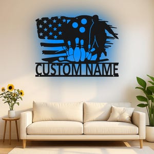 Custom Boy Bowling Player Silhouette Led Light Metal Wall Art, Personalized Bowler Gift, Patriotic USA Flag Bowling Decor