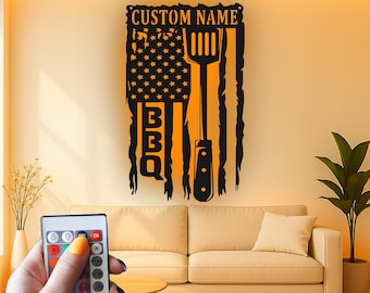 Custom BBQ Grill Led Light Metal Wall Art, American Flag Spatula Design, Unique Grilling Gift for Grill Master