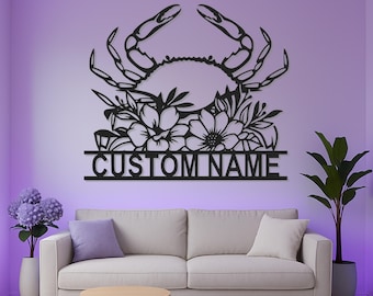 Custom Blue Crab with Floral Accents Led Light Metal Wall Art, Personalized Coastal Decor Gift for Beach House or Nautical Home