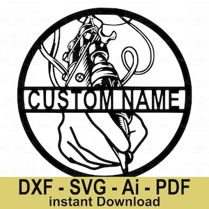 May include: A black and white circular design showing a hand holding a tattoo machine. The words "CUSTOM NAME" are in a horizontal bar across the centre. Below the circle are the words "DXF - SVG - Ai - PDF instant Download".