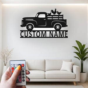 Custom Farm Truck Led Light Metal Wall Art, Personalized Vintage Pickup with Chickens, Rustic Farmhouse Decor Gift