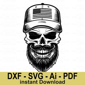 Bearded Skull with American Flag Hat Svg Dxf Png Pdf Digital Download for Cricut Silhouette Laser Cut Crafts