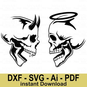 Angel and Devil Skull Svg Dxf Png Pdf, Gothic Skull Clipart, Tattoo Style Design, Cricut Silhouette Instant Digital Download