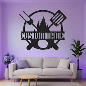 Custom BBQ Grill Led Light Metal Wall Art, Personalized Grilling Decor, Outdoor Cooking Gift for Grill Master