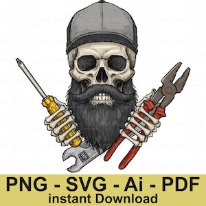 Skull Mechanic Svg Png , Skull Svg , Wrenches Svg , Tools Svg , Repair Svg , Bearded Skull Svg , Digital Download , Instant Download