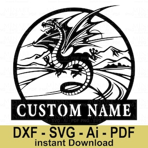 Grafika ścienna z niestandardową nazwą smoka wycinana laserowo, plik DXF do pobrania, dekoracja fantasy w formacie SVG PDF dla CNC Glowforge