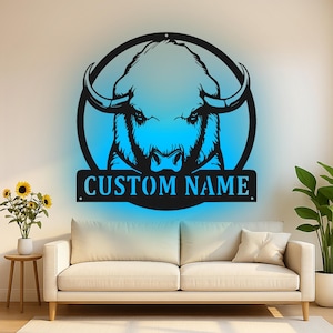 Kundenspezifische amerikanische Bison-Büffel geführte helle Metallwand-Kunst, rustikale Schattenbild-Dekor, personalisiertes Jäger-Geschenk für die Kabine