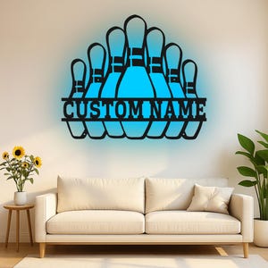Custom Bowling Pins Led Light Metal Wall Art, Personalized Bowler Gift, Bowling Alley Decor, Sports Room Silhouette Metal Wall Art