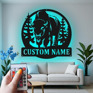 Custom American Bison Led Light Metal Wall Art, Rustic Wildlife Buffalo Silhouette, Personalized Cabin Decor Gift