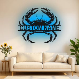 Arte de pared de metal con luz LED de cangrejo azul personalizado, decoración costera náutica personalizada para casa de playa, regalo para amantes de los mariscos