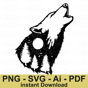 Wolf Howling Svg, Forest Moon Wolf Silhouette, Nature Animal Design, Cricut Cut File, Wildlife Outdoor Adventure Png Pdf