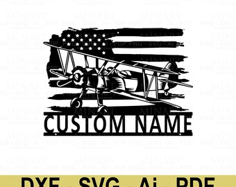 Vintage Flugzeug Wandkunst, Individueller Name, Vaterländische Dekoration (SVG DXF PDF)
