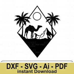 Camel Desert Svg Dxf Png Pdf - Palm Tree Mountain Scene Digital Cut File for Cricut Silhouette DIY Crafts