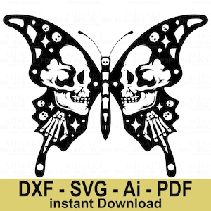 Butterfly Skull SVG DXF Ai PDF, Gothic Butterfly Skeleton Digital File, Halloween Cricut Silhouette Cut Files