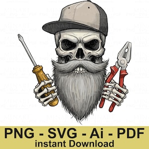 Skull Mechanic Svg Png , Skull Svg , Wrenches Svg , Tools Svg , Repair Svg , Bearded Skull Svg , Digital Download , Instant Download