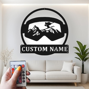 Custom Alpine Skier Goggles Led Light Metal Wall Art, Personalized Skiing Decor, Unique Gift for Ski Enthusiast, Cabin Wall Decor