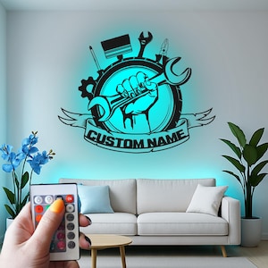 Custom Auto Mechanic Hand Holding Wrench Led Light Metal Wall Art, Personalized Garage Workshop Decor Gift for Mechanics