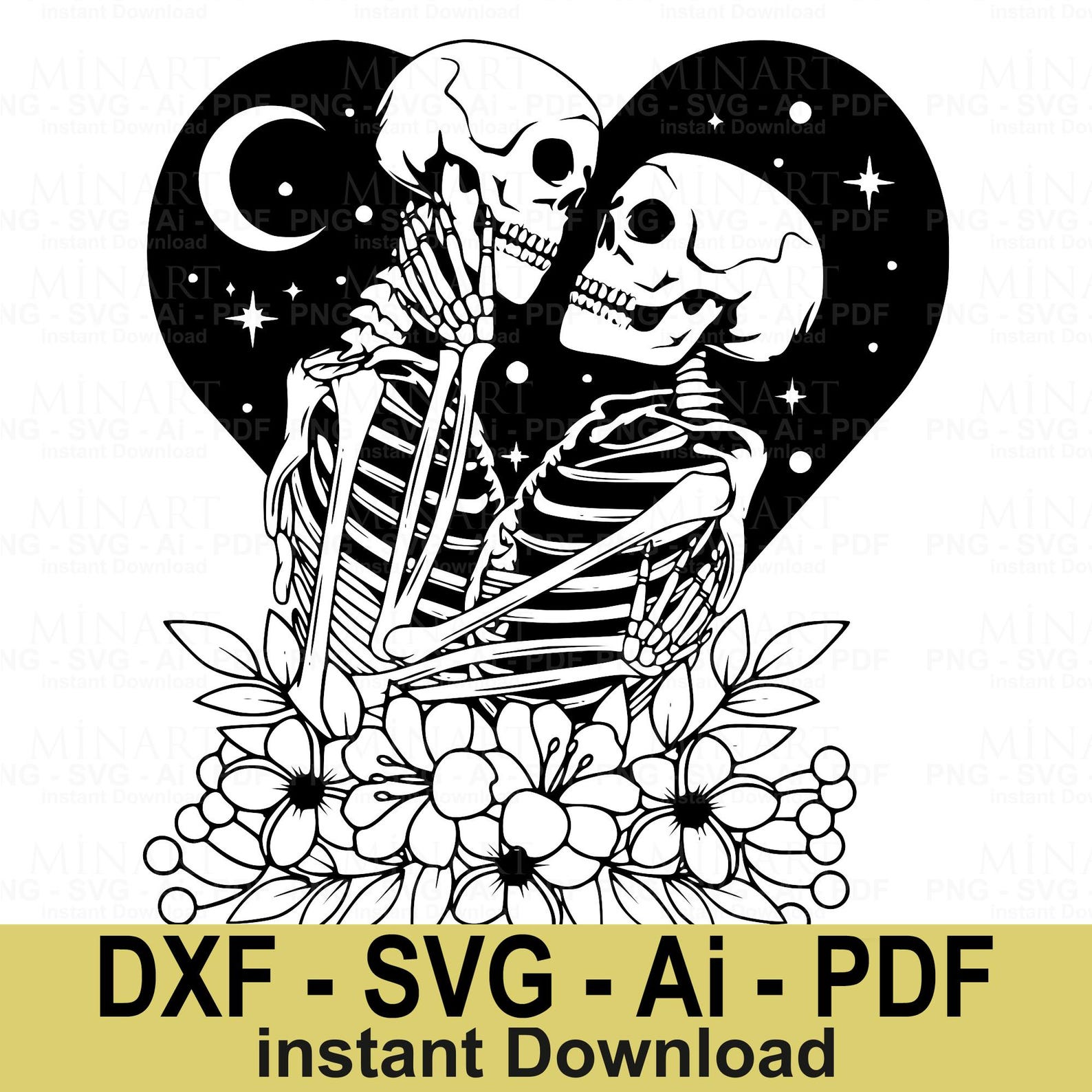 Gothic Skeleton Couple Kissing SVG, Floral Skull Cut File (digital ...