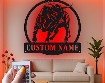 Custom Charging Bull Led Light Metal Wall Art, Personalized Powerful Bull Silhouette Decor for Ranch, Farmhouse, or Man Cave
