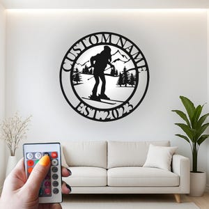Custom Alpine Skier Led Light Metal Wall Art, Personalized Mountain Skiing Silhouette Decor, Winter Sports Gift for Ski Lovers
