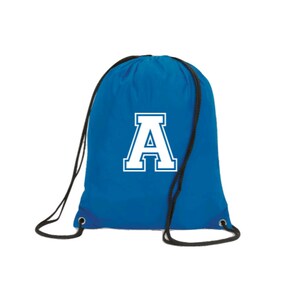 May include: A blue drawstring bag with a white letter A printed on the front.