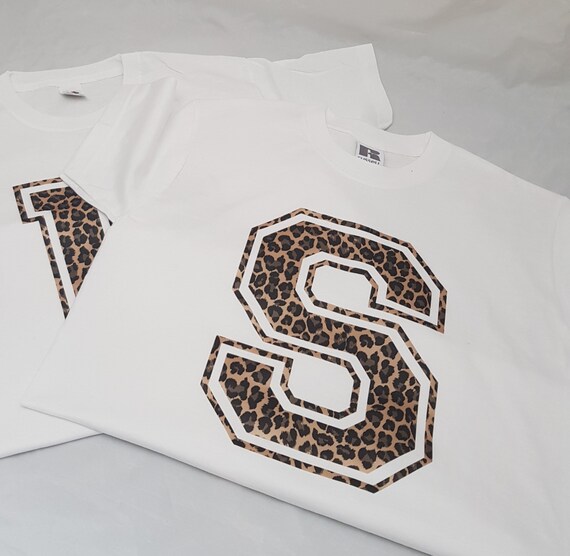 Personalised Leopard Print Initial XXL Adult Number Tshirt 1-13yrs and S 