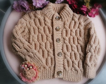 Aran cardigan, hand knit sweater for baby, Irish sweater, Irish baby cardigan, handmade cardigan, brown knitted cardigan 12 - 18 month baby