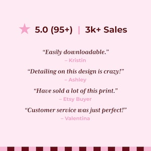 May include: A light pink graphic featuring a five-pointed star, a 5.0 rating with 95+ reviews, and 3k+ sales. It includes four customer testimonials: "Easily downloadable." by Kristin, "Detailing on this design is crazy!" by Ashley, "Have sold a lot of this print." by Etsy Buyer, and "Customer service was just perfect!" by Valentina.
