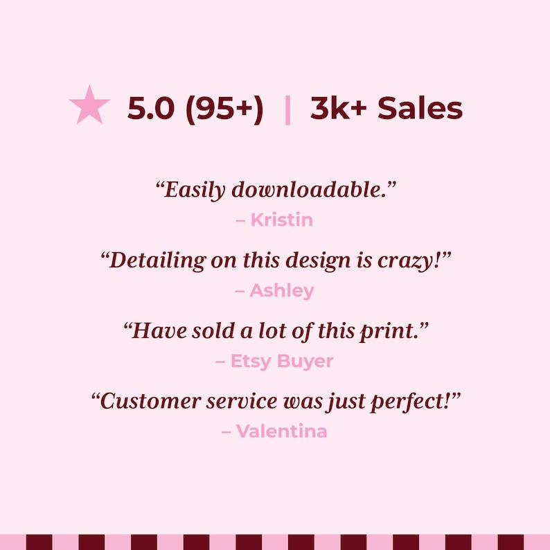 May include: A light pink graphic featuring a five-pointed star, a 5.0 rating with 95+ reviews, and 3k+ sales. It includes four customer testimonials: "Easily downloadable." by Kristin, "Detailing on this design is crazy!" by Ashley, "Have sold a lot of this print." by Etsy Buyer, and "Customer service was just perfect!" by Valentina.