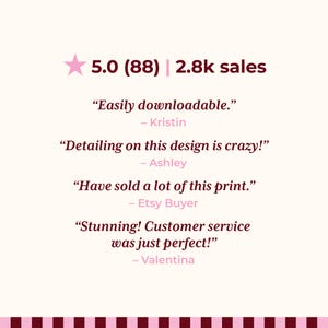 May include: A customer review graphic featuring a pink star icon, a 5.0 rating with 88 reviews, and 2.8k sales. It displays four testimonials: Easily downloadable by Kristin, Detailing on this design is crazy by Ashley, Have sold a lot of this print by Etsy Buyer, and Stunning! Customer service was just perfect by Valentina.