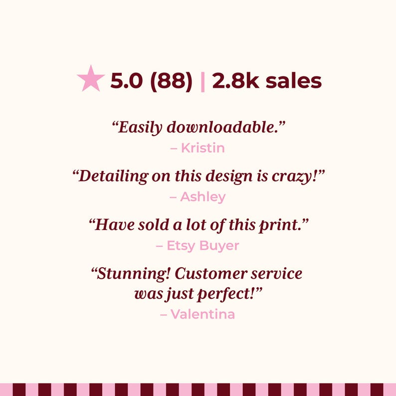 May include: A customer review graphic featuring a pink star icon, a 5.0 rating with 88 reviews, and 2.8k sales. It displays four testimonials: Easily downloadable by Kristin, Detailing on this design is crazy by Ashley, Have sold a lot of this print by Etsy Buyer, and Stunning! Customer service was just perfect by Valentina.