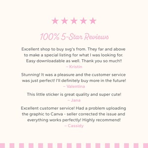 May include: A light pink graphic with text that reads "100% 5-Star Reviews" and customer testimonials. The design includes pink stars and a pink and white striped border at the bottom.