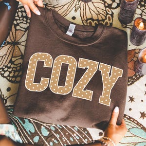 May include: A dark brown crewneck sweatshirt featuring the word COZY printed in large, block-style letters. The letters are tan with a white polka dot pattern and a thin white outline, centered on the front of the garment.