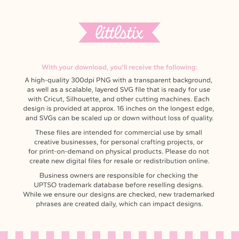 May include: A pink banner with the text "littlstix" in white. Below, text describes digital files, including PNG and SVG formats, for use with cutting machines. The files are approximately 16 inches on the longest edge.